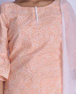 PEACH CHIKANKARI BELL SLEEVE KURTA PALAZZO DUPATTA SET 4