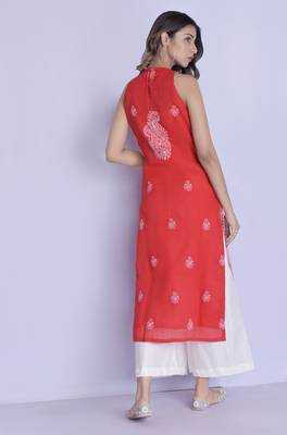 RED CHIKANKARI KURTI WITH PALAZZO 3