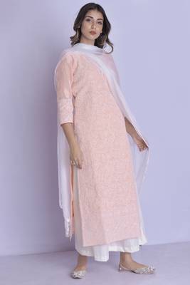 PEACH CHIKAN kurta PALAZZO dupatta set 1