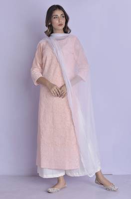 PEACH CHIKAN kurta PALAZZO dupatta set 2