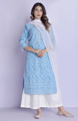 Blue chikan kurta palazzo dupatta set 1