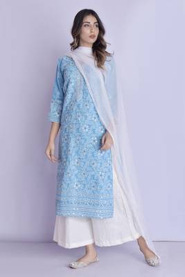 Blue chikan kurta palazzo dupatta set 2
