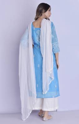 Blue chikan kurta palazzo dupatta set 3