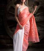 White & Orange Jamdani Saree With Threadweave