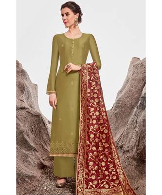 green embroidered chanderi unstitched salwar with dupatta 1