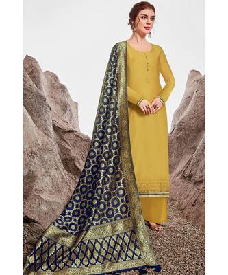 Yellow embroidered chanderi unstitched salwar with dupatta 1