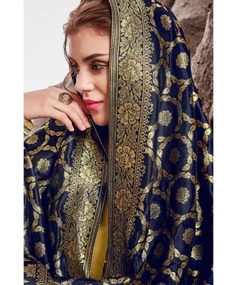 Yellow embroidered chanderi unstitched salwar with dupatta 3