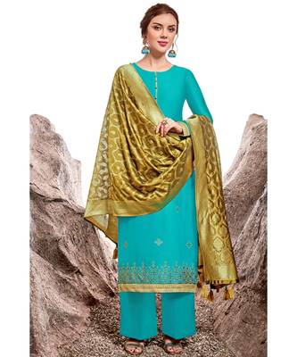 Blue embroidered chanderi unstitched salwar with dupatta 1