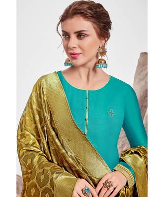 Blue embroidered chanderi unstitched salwar with dupatta 2