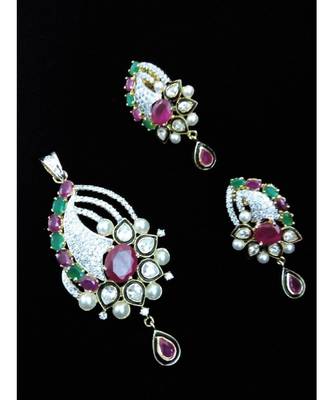 Ruby Emerald Diamond Pearl All In One Stylish Fusion Pendant Set 1