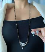 Gold American Diamond Pendant Lankan Black Beaded Single Layer Long Mangalsutra Set With Heart Earrings
