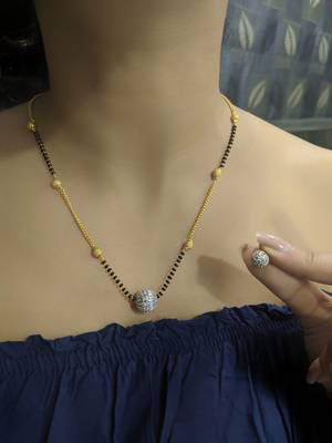 Gold American Diamond Round Pendant Mangalsutra Set With Earrings Black Beads Single Layer Short Chain 1