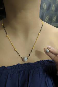 Gold American Diamond Round Pendant Mangalsutra Set With Earrings Black Beads Single Layer Short Chain