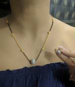 Gold American Diamond Round Pendant Mangalsutra Set With Earrings Black Beads Single Layer Short Chain