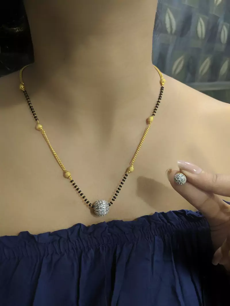 Gold American Diamond Round Pendant Mangalsutra Set With Earrings Black Beads Single Layer Short Chain