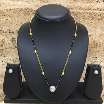 Gold American Diamond Round Pendant Mangalsutra Set With Earrings Black Beads Single Layer Short Chain 2