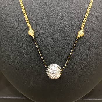 Gold American Diamond Round Pendant Mangalsutra Set With Earrings Black Beads Single Layer Short Chain 3