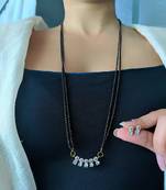 Gold American Diamond 5 Flower Stone Pendant Mangalsutra With Earrings Black Beads Double Layer Long Chain