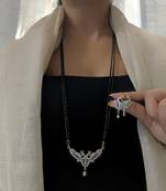 Gold American Diamond Peacock Pendant Mangalsutra Set With Earrings Black Beads Double Layer Long Chain