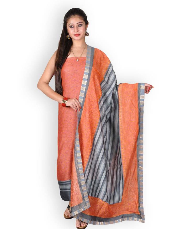 Orange printed silk unstitched salwar with dupatta