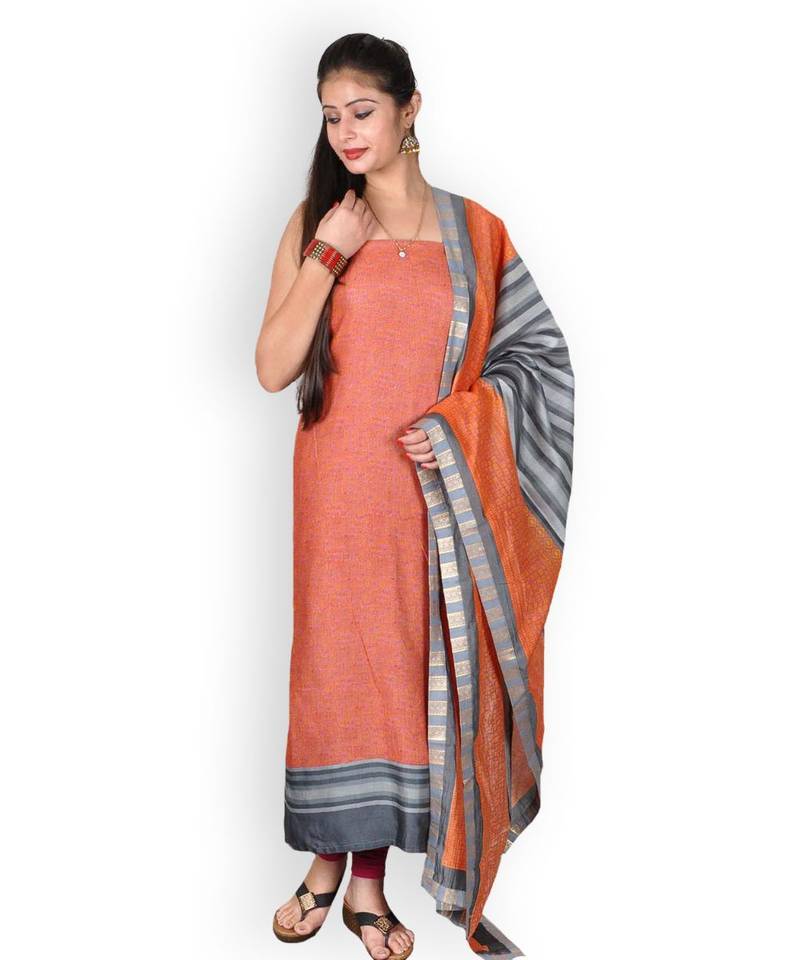 Orange printed silk unstitched salwar with dupatta