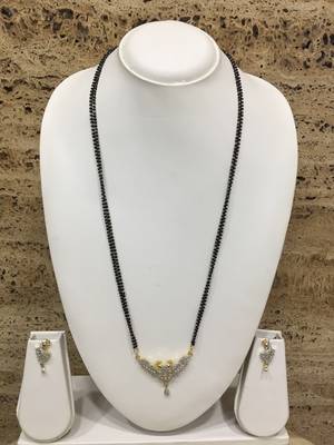 Gold American Diamond Peacock Pendant Mangalsutra Set With Earrings Black Beads Double Layer Long Chain 2