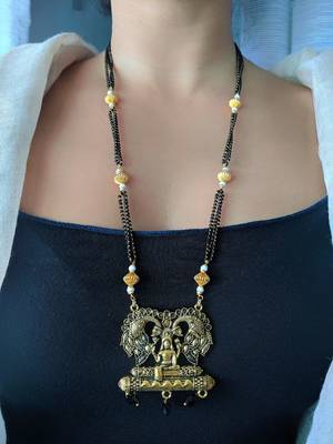 Antique Oxidized Golden Lakshmi Pendant Mangalsutra Black Beads 3 Triple Line Layer Long Chain 1