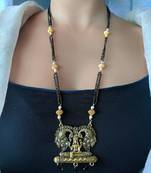 Antique Oxidized Golden Lakshmi Pendant Mangalsutra Black Beads 3 Triple Line Layer Long Chain