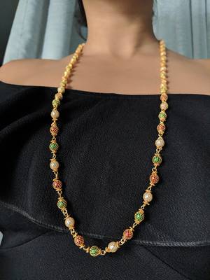 Multi-Color With White Pearl Necklace Gold Plated Alloy Single Layer Long Chain Mangalsutra For Girls 1