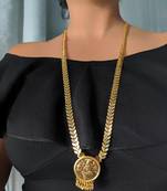 Gold Plated Alloy Round Lakshmi Pendant Necklace Golden Eila Leaf Single Layer Long Chain Mangalsutra