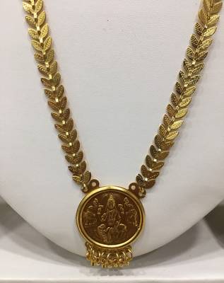Gold Plated Alloy Round Lakshmi Pendant Necklace Golden Eila Leaf Single Layer Long Chain Mangalsutra 3