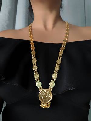 Gold Plated Alloy Round Lakshmi Pendant Necklace Golden Laxmi  Single Line Layer Long Chain Mangalsutra 1