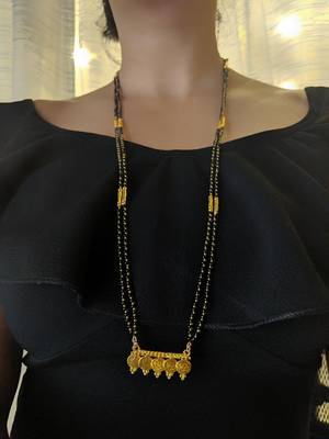 Gold Plated 5 Lakshmi Coin Vati Pendant Mangalsutra Black Beads Double Line Layer Long Chain 1
