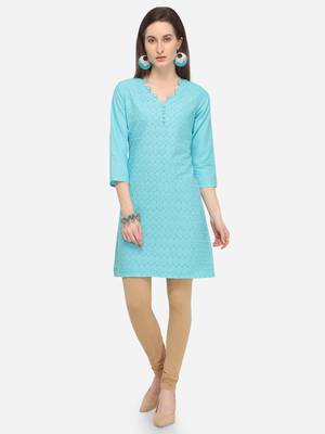 Sky Blue Cotton Schiffli Stitched Kurti 1