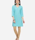 Sky Blue Cotton Schiffli Stitched Kurti