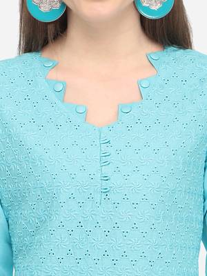 Sky Blue Cotton Schiffli Stitched Kurti 4
