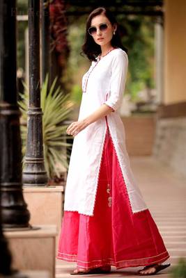 White Kurta With Fuchsia Skirt Set 1