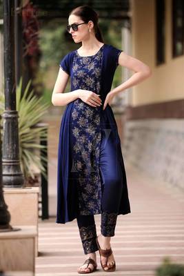 Navy Blue & Golden Panel Kurta With Straight Pants 1