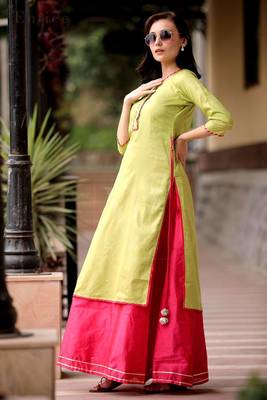 Lime Green Kurta With Fuchsia Skirt Set 1