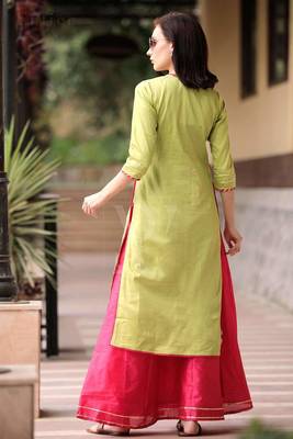 Lime Green Kurta With Fuchsia Skirt Set 2