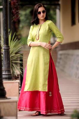 Lime Green Kurta With Fuchsia Skirt Set 4