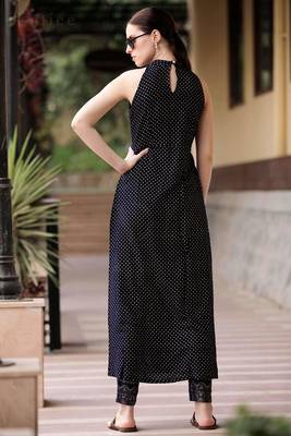 Blue Polka Dots Halter Neck Overlapping Front Open Kurta With Trousers 2