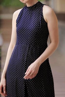 Blue Polka Dots Halter Neck Overlapping Front Open Kurta With Trousers 3