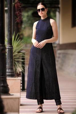 Blue Polka Dots Halter Neck Overlapping Front Open Kurta With Trousers 4
