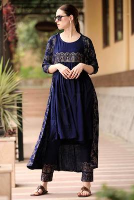 Navy Blue & Gold Tunic Trouser Set With Jacket 1