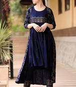 Navy Blue & Gold Tunic Trouser Set With Jacket