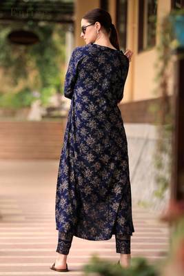 Navy Blue & Gold Tunic Trouser Set With Jacket 3