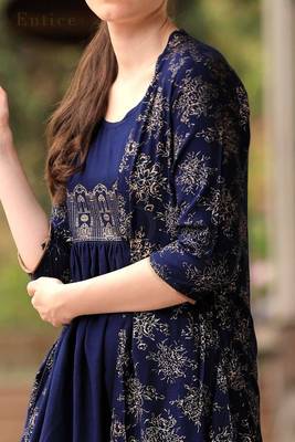 Navy Blue & Gold Tunic Trouser Set With Jacket 4