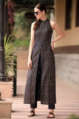 Navy Blue Halter Neck Overlapping Front Open Kurta With Trousers 1