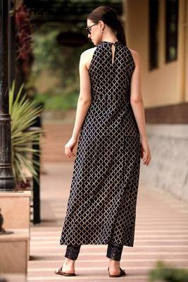 Navy Blue Halter Neck Overlapping Front Open Kurta With Trousers 3